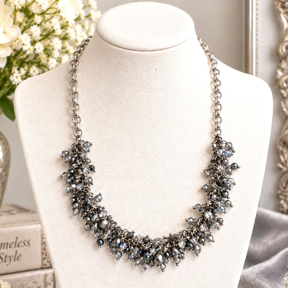 Silver Tone Gray Crystal Cluster Signed Necklace